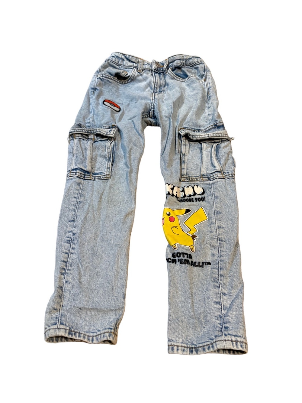 H&M Light Blue Denim Cargo Jeans with Pikachu Pokemon Graphic Size 7-8 Boys